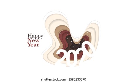Happy new year 2020 banner in paper style for your seasonal holidays flyers, greetings and invitations, christmas themed congratulations and cards. Vector illustration.