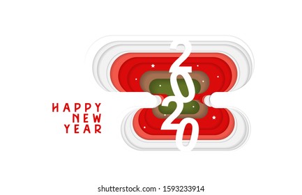 Happy new year 2020 banner in paper style for your seasonal holidays flyers, greetings and invitations, christmas themed congratulations and cards. Vector illustration.