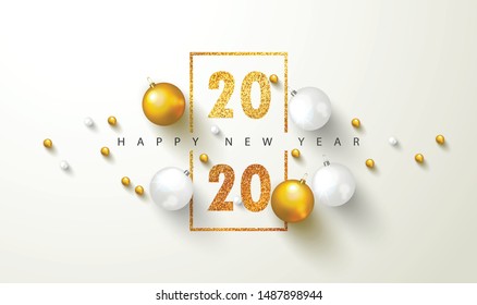 Happy new year 2020 banner.Golden luxury numbers with glitter and Christmas balls on light background. Gold Festive Numbers Design. Vector illustration