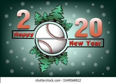 Happy new year 2020 and baseball ball with Christmas trees on an snowflakes background. Creative design pattern for greeting card, banner, poster, flyer, party invitation. Vector illustration