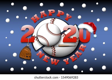Happy new year 2020 and baseball ball with with Christmas hat, glove and bat. Creative design pattern for greeting card, banner, poster, flyer, party invitation, calendar. Vector illustration
