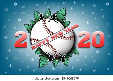 Happy new year 2020 and baseball ball with Christmas trees on an isolated background. Baseball player serves the ball. Design pattern for greeting card. Vector illustration