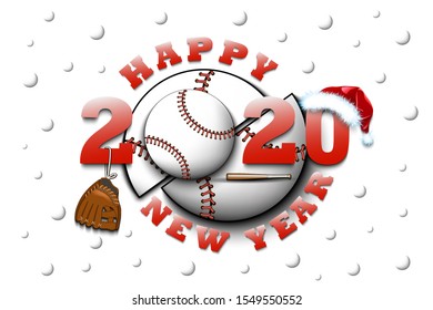 Happy new year 2020 and baseball ball with with Christmas hat, glove and bat. Creative design pattern for greeting card, banner, poster, flyer, party invitation, calendar. Vector illustration