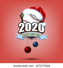 Happy new year 2020. Baseball logo template design. Baseball ball in santa hat. Pattern for banner, poster, greeting card, party invitation. Vector illustration