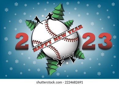Happy new year 2020 and baseball ball with Christmas trees on an isolated background. Baseball player serves the ball. Design pattern for greeting card. Vector illustration