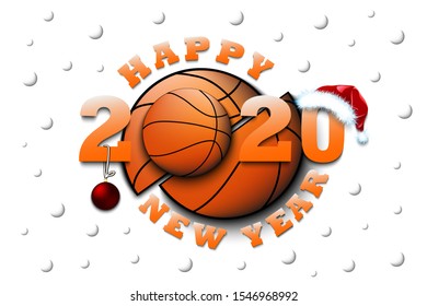 Happy new year 2020 and basketball ball with Christmas ball and hat. Creative design pattern for greeting card, banner, poster, flyer, party invitation, calendar. Vector illustration