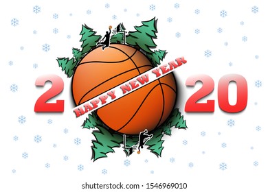 Happy new year 2020 and basketball ball with Christmas trees on an isolated background. Basketball player throws the ball into the ring. Design pattern for greeting card. Vector illustration