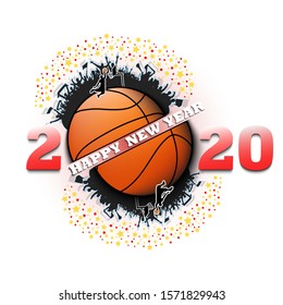Happy new year 2020 and basketball ball with basketball player and fans. Creative design pattern for greeting card, banner, poster, flyer, party invitation. Vector illustration