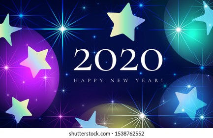 Happy New Year 2020 beautiful fairytale vector illustration. Magical starry sky with a shiny Christmas star. Festive poster, flyer or banner design