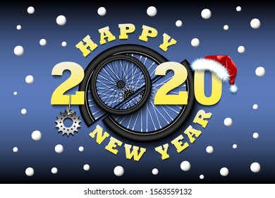 Happy new year 2020 and bicycle wheel with bicycle star and hat. Creative design pattern for greeting card, banner, poster, flyer, party invitation, calendar. Vector illustration