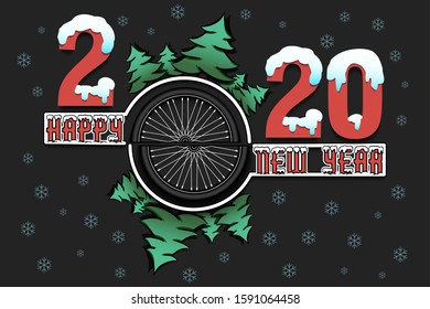 Happy new year 2020 and bicycle wheel with Christmas trees on an isolated background. Snowy numbers and letters. Design pattern for greeting card, banner, poster, flyer. Vector illustration