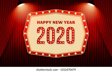 Happy new year 2020 billboard typography text celebration poster design. Red curtain theater stage background with spotlight effect vector illustration