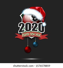 Happy new year 2020. Billiard logo template design. Billiard ball in santa hat. Pattern for banner, poster, greeting card, party invitation. Vector illustration