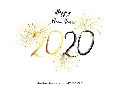 Happy New Year 2020. Black numbers and gold fireworks on white background. Handwritten letters.