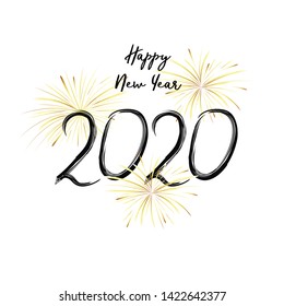 Happy New Year 2020. Black numbers and gold fireworks on white background. Handwritten letters.