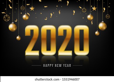 Happy New Year 2020 - Black Gradient Background With Luxury Gold Text. Decor By Gold Paper Shoot Shining, Glowing And Glitter. Use For Poster, Banner, Celebrate Card - Illustration Vector