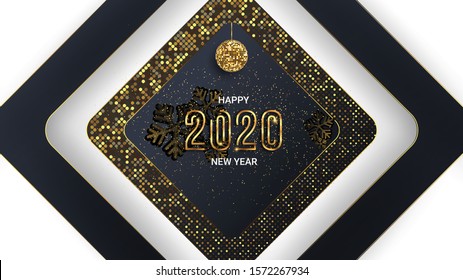 Happy New Year 2020 black white confetti background, vector illustration. Sparkling disco ball, pink gold glitter snowflakes, golden halftone, graphic design elements for New Year party invitations.