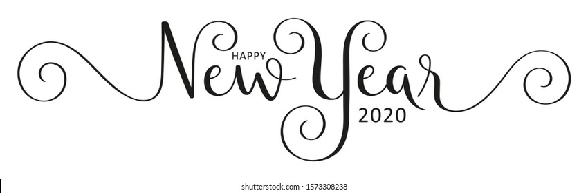 HAPPY NEW YEAR 2020 black seasonal vector brush calligraphy banner with swashes