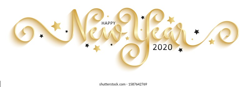 HAPPY NEW YEAR 2020 black and gold brush calligraphy banner with flourishes and stars