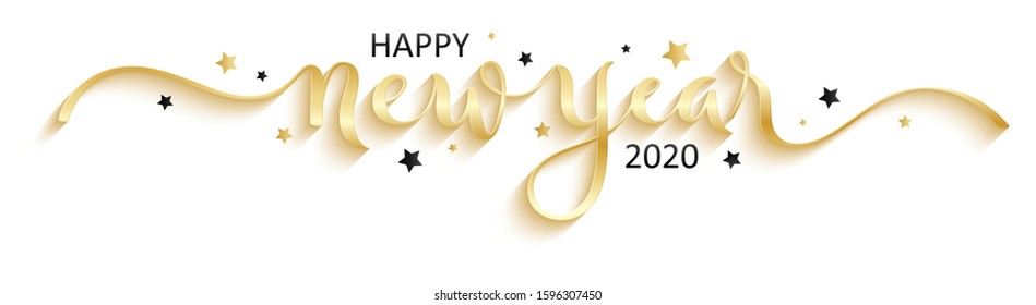 HAPPY NEW YEAR 2020 Black And Gold Relief Brush Calligraphy Banner With Stars