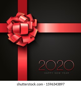 Happy new year 2020. Black background design with realistic festive red red ribbon, elegant red numbers isolated white text. Mobile app. Merry Christmas. Elements for calendar and greeting card, gift