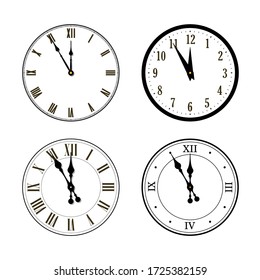 Happy New year 2020. Black clock, arrows, isolated on white background. Blurred design holiday banner, Christmas celebration party, poster. Templates set for decoration card Vector illustration