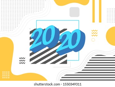 Happy New Year 2020. blue 3D sign with abstract element for banner or poster bussines template. vector ilustration