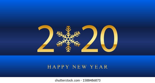 Happy New Year 2020 Blue Greeting Background Vector illustration with golden numbers and snowflake