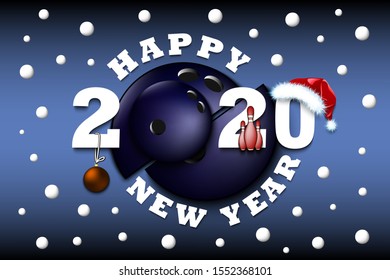 Happy new year 2020 and bowling ball with Christmas ball, skittles and hat. Creative design pattern for greeting card, banner, poster, flyer, party invitation, calendar. Vector illustration