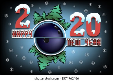 Happy new year 2020 and bowling ball with Christmas trees on an isolated background. Snowy numbers and letters. Design pattern for greeting card, banner, poster, flyer, invitation. Vector illustration