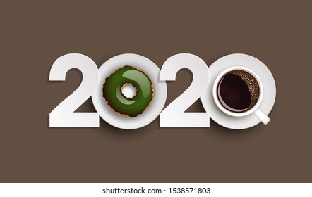 Happy New Year 2020 breakfast coffee & donuts background. Greeting card 2020 cup of coffee & donuts icing flyer. Coffee & donuts of date 2020 year view from above banner. Celebrate breakfast brochure