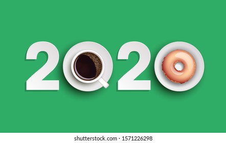 Happy New Year 2020 breakfast coffee & donuts background. Greeting card 2020 cup of coffee & donuts icing flyer. Coffee & donuts of date 2020 year view from above banner. Celebrate breakfast brochure