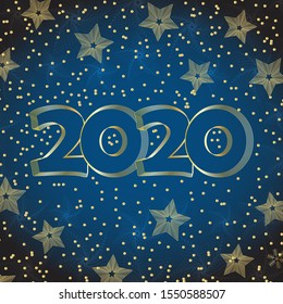 Happy New Year 2020. Brochure design template, Xmas card, sale banner. Luxury cards invitations party for the New Year 2020. Gold numbers against a dark background. Vector illustration.