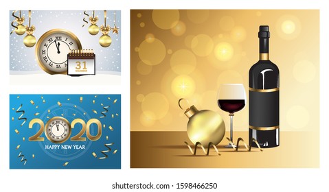 happy new year 2020 bundle of cards vector illustration design
