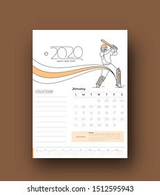 Happy new year 2020 Calendar Cricket Poster Event - New Year Holiday design elements for holiday cards, calendar banner poster for decorations, Vector Illustration Background.