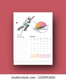Happy new year 2020 Calendar Cricket Poster Event - New Year Holiday design elements for holiday cards, calendar banner poster for decorations, Vector Illustration Background.