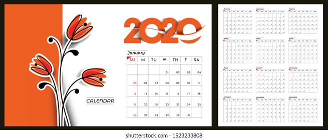 Happy new year 2020 Calendar - New Year Holiday design elements for holiday cards, calendar banner poster for decorations, Vector Illustration Background.