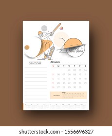 Happy new year 2020 Calendar Cricket Poster Event - New Year Holiday design elements for holiday cards, calendar banner poster for decorations, Vector Illustration Background.