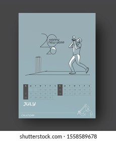 Happy new year 2020 Calendar Cricket Poster Event - New Year Holiday design elements for holiday cards, calendar banner poster for decorations, Vector Illustration Background.