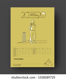 Happy new year 2020 Calendar Cricket Poster Event - New Year Holiday design elements for holiday cards, calendar banner poster for decorations, Vector Illustration Background.