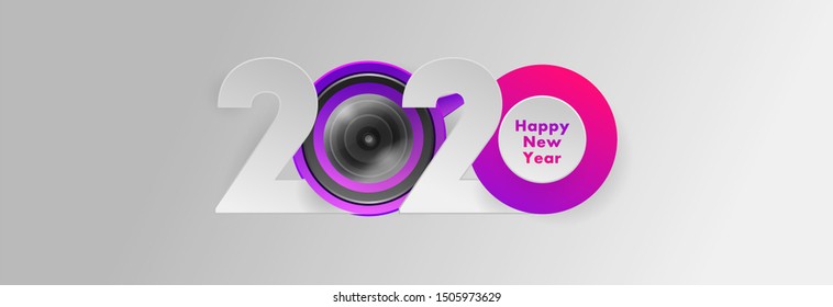 Happy New Year 2020 with camera lens. Greeting card with inscription Happy New Year 2020 colour banner in paper style for calendars and christmas invitations. 