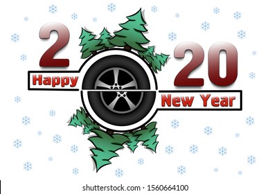 Happy new year 2020 and car wheel with Christmas trees on an snowflakes background. Creative design pattern for greeting card, banner, poster, flyer, party invitation. Vector illustration