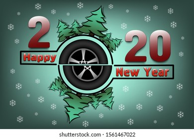 Happy new year 2020 and car wheel with Christmas trees on an snowflakes background. Creative design pattern for greeting card, banner, poster, flyer, party invitation. Vector illustration