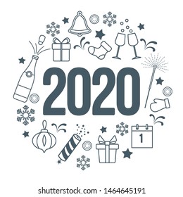 Happy New Year 2020 card. Gift boxes, bottle, glasses, Christmas sock, gingerbread bell, poppers, sparkler, mitten, calendar, snowflakes. Design for poster, party card, print.