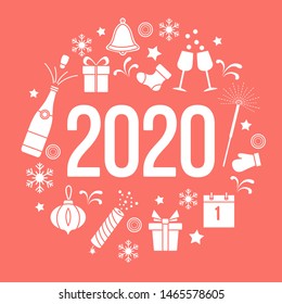 Happy New Year 2020 card. Gift boxes, bottle, glasses, Christmas sock, gingerbread bell, poppers, sparkler, mitten, calendar, snowflakes. Design for poster, party card, print.