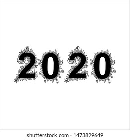 Happy New Year 2020 card with hand drawn floral numbers on white background.