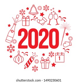 Happy New Year 2020 card. Gift boxes, bottle, glasses, Christmas sock, gingerbread bell, poppers, sparkler, mitten, calendar, snowflakes. Design for poster, party card, print.
