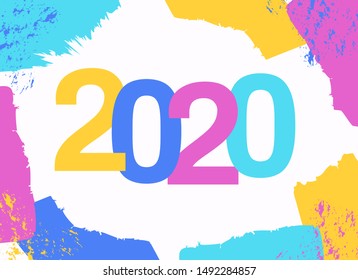 Happy New Year 2020 card on colorful background. 2020 numbers on hand drawing brushstroke backdrop. 2020 logo text design. Vector illustration for invitation, calendar or presentation