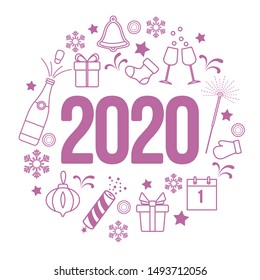 Happy New Year 2020 card. Gift boxes, bottle, glasses, Christmas sock, gingerbread bell, poppers, sparkler, mitten, calendar, snowflakes. Design for poster, party card, print.