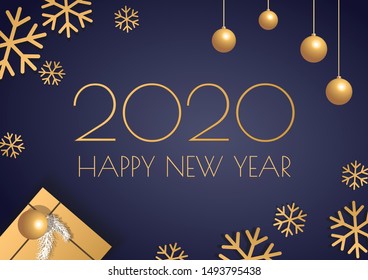 "Happy New Year 2020" card design. Blue and gold collors. Christmas balls, snowflakes, gift box. Vector illustration for poster, banner, cover, card.